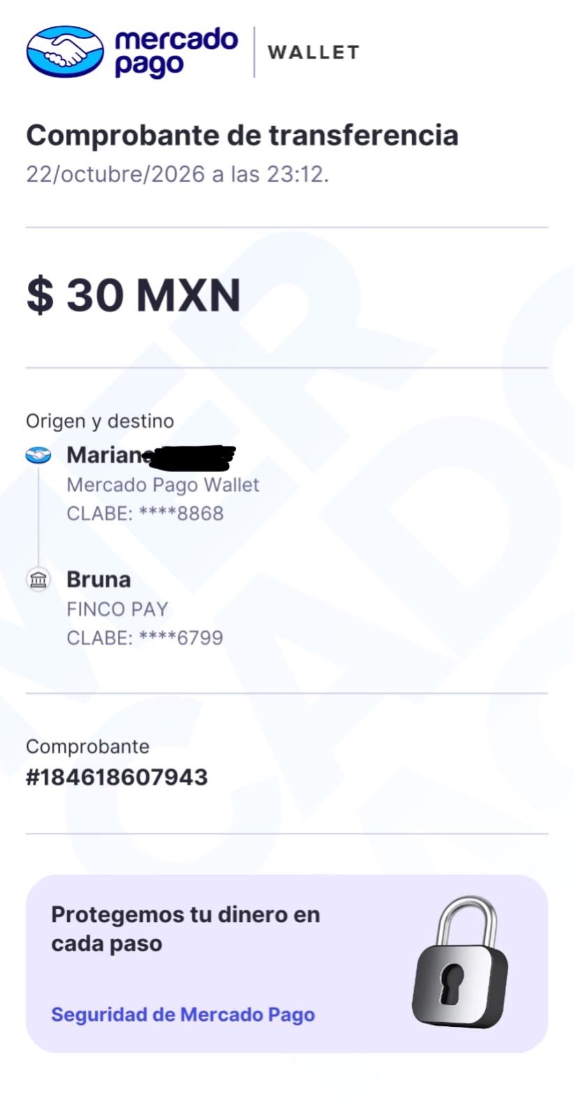Comprobante compartido de una transferencia por 30.00 MXN, con datos parcialmente ocultos