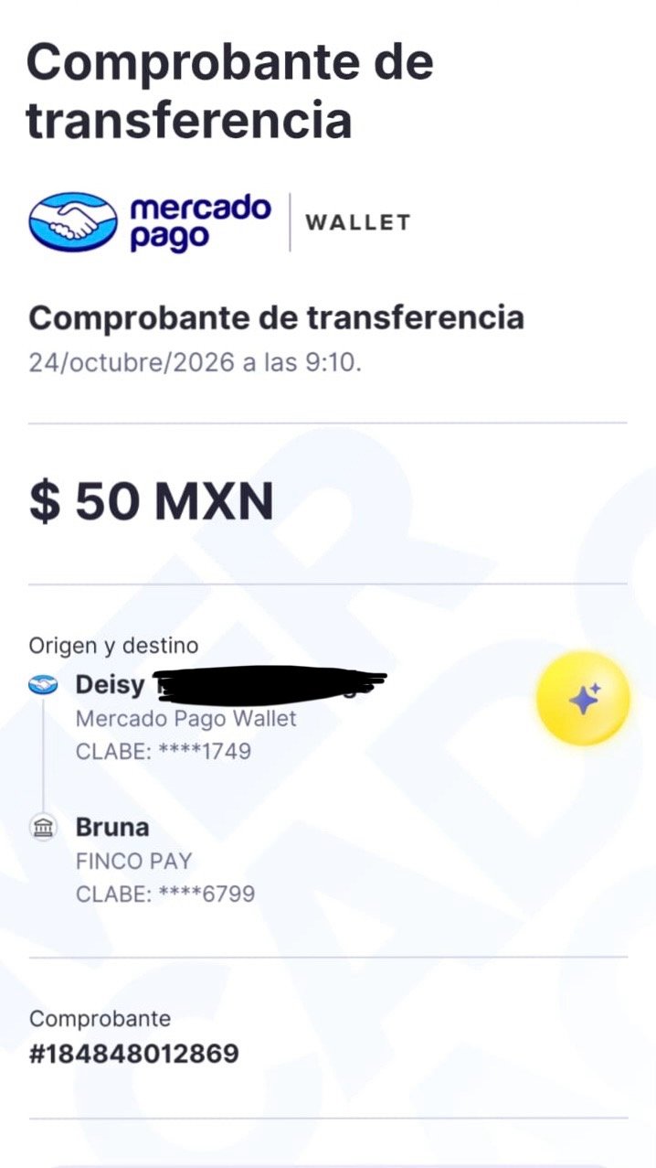 Comprobante compartido de una transferencia por 50.00 MXN, con datos parcialmente ocultos