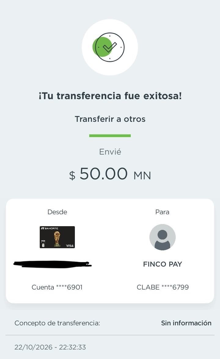 Comprobante compartido de una transferencia por 50.00 MXN, con datos parcialmente ocultos