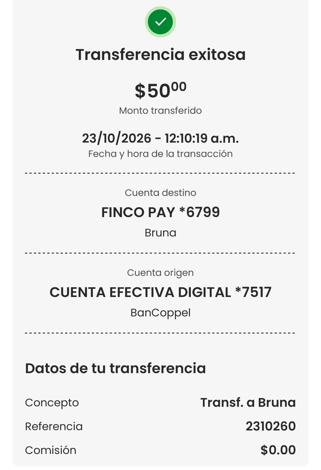 Comprobante compartido de una transferencia por 50.00 MXN, con datos parcialmente ocultos